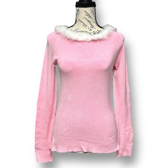 BCBGMAXAZRIA Pink Feather Trim Knit Sweater Barbiecore Y2K Old Money Size Small - Picture 2 of 7